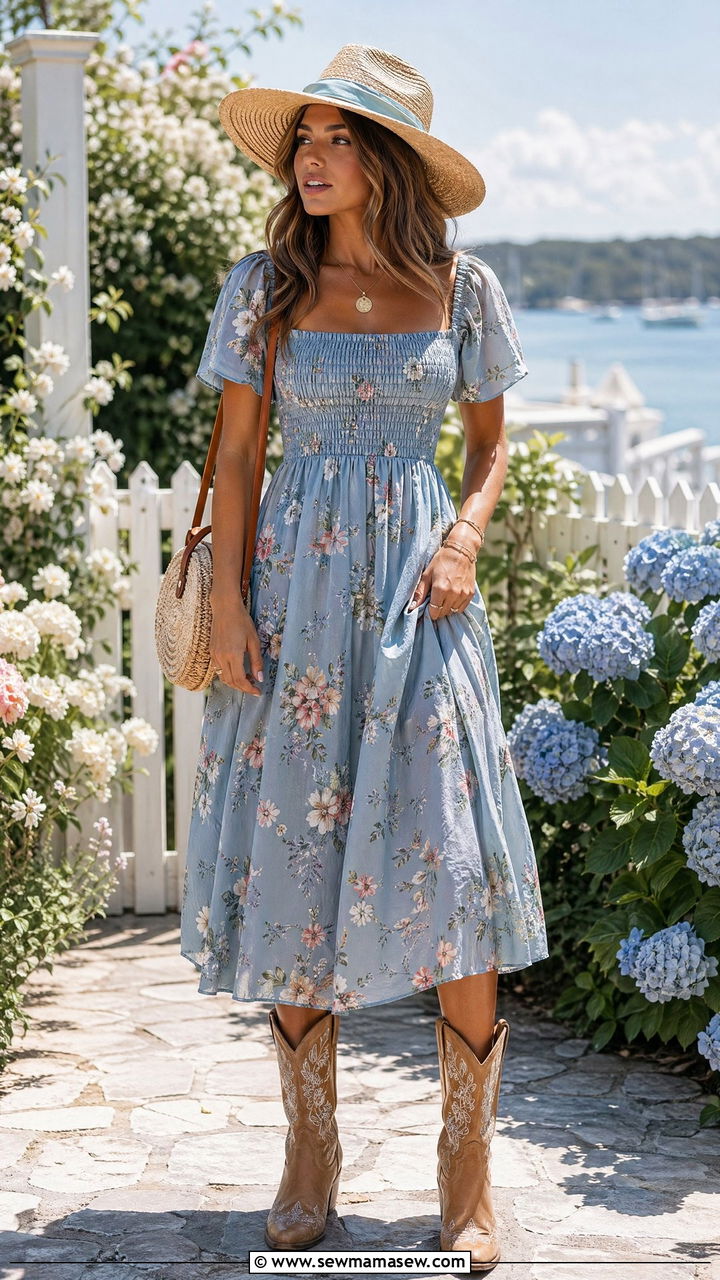Floral midi dress with cowboy boots and straw wide brim hat - 35 Coastal cowgirl outfit ideas summer