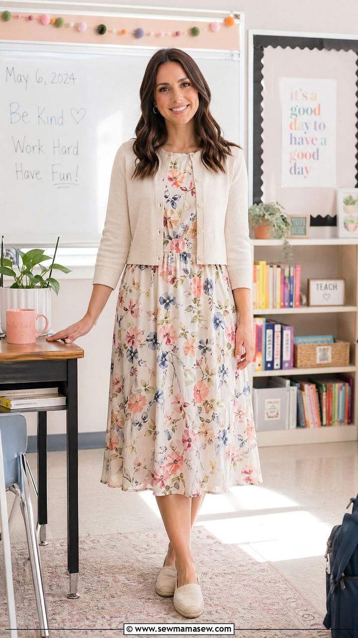 Floral midi dress with cropped cardigan and espadrille flats - 35 Teacher outfit ideas for school