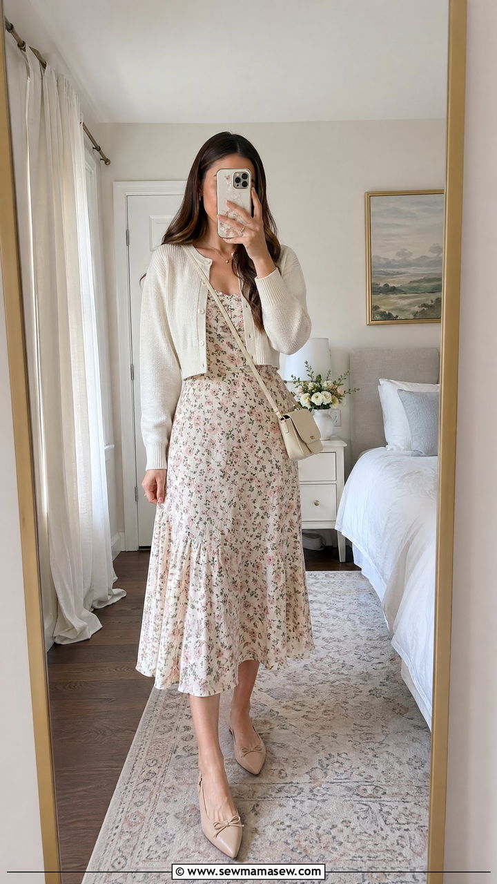 Floral midi dress with cropped cardigan interview outfit - 35 spring interview outfit ideas
