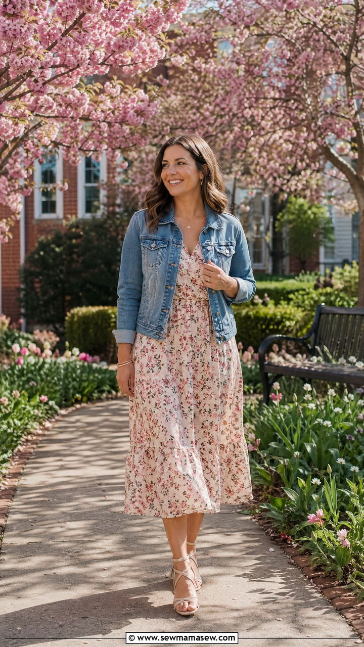 Floral midi dress with denim jacket - 35 Teacher outfits for spring