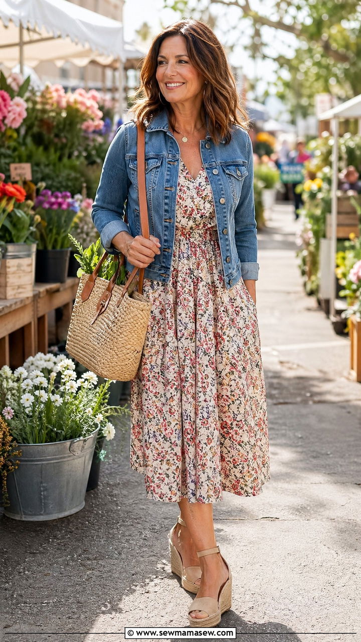Floral midi dress with denim jacket - 35 What to wear in spring for women over 40