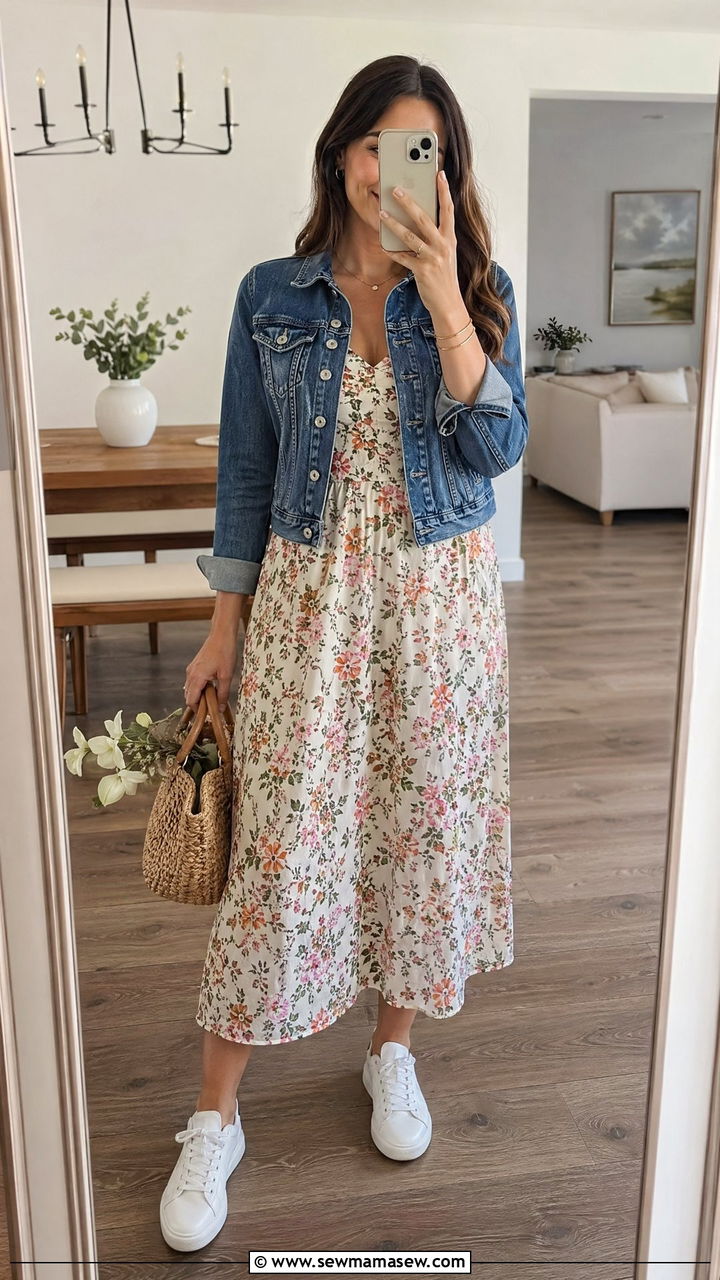 Floral midi dress with denim jacket - 35 spring easy outfit ideas
