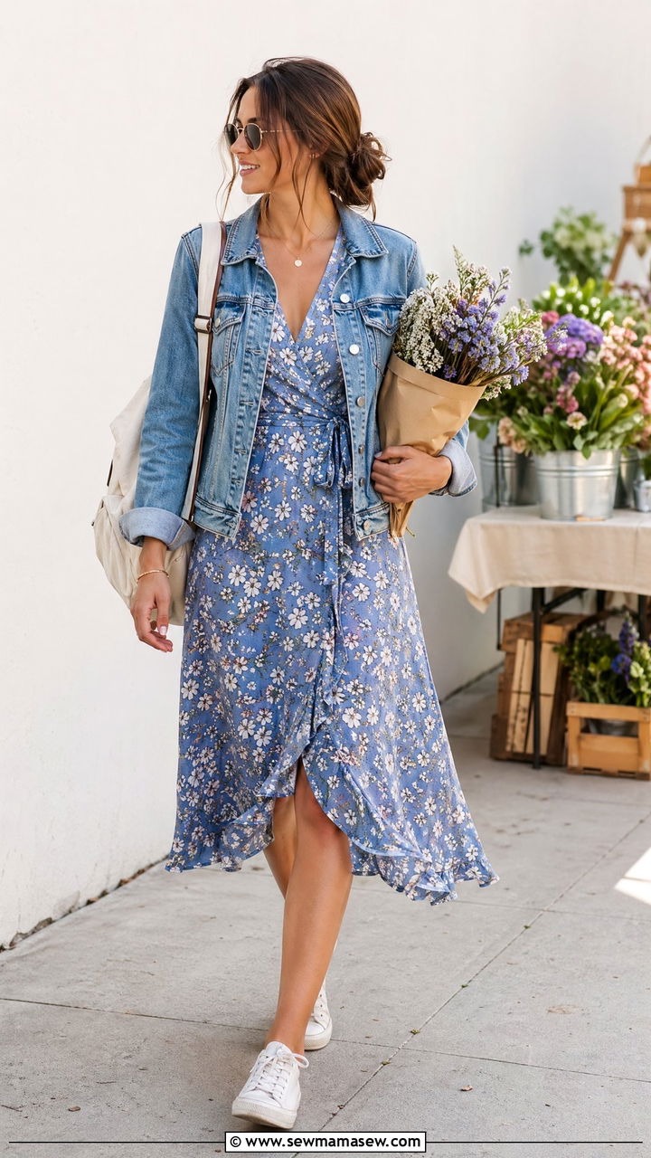 Floral midi dress with denim jacket - 35 spring outfits for new moms