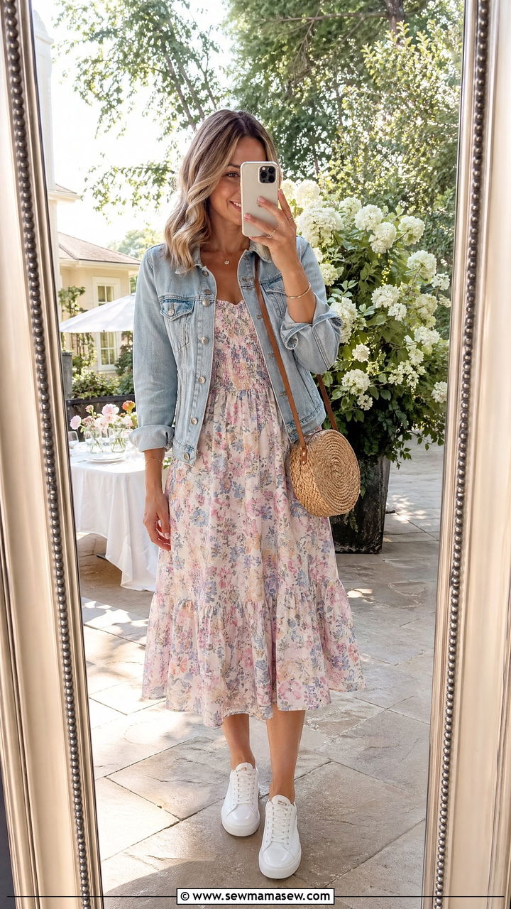 Floral midi dress with denim jacket - 35 spring smart casual outfit ideas