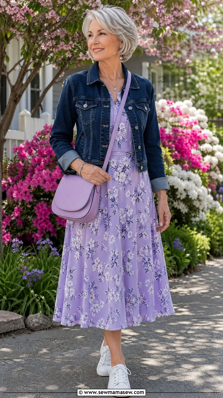 Floral midi dress with denim jacket outfit - 35 Classy outfit ideas for women over 60
