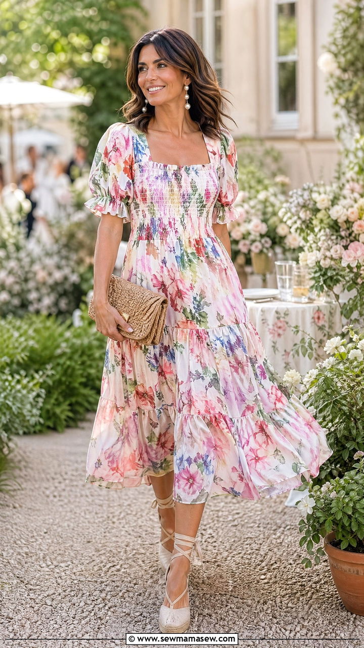 Floral midi dress with espadrille wedges outfit - 35 summer outfits for women over 30