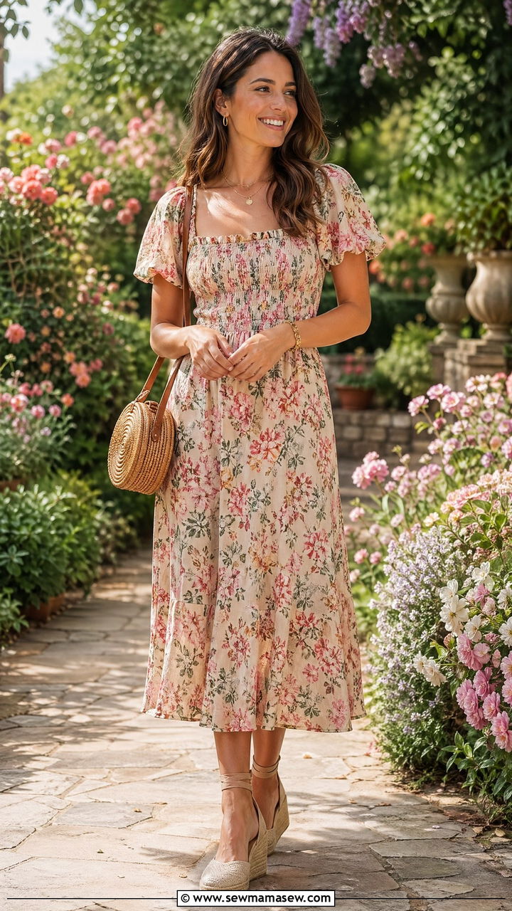 Floral midi dress with espadrilles outfit - 35 summer easy outfit ideas