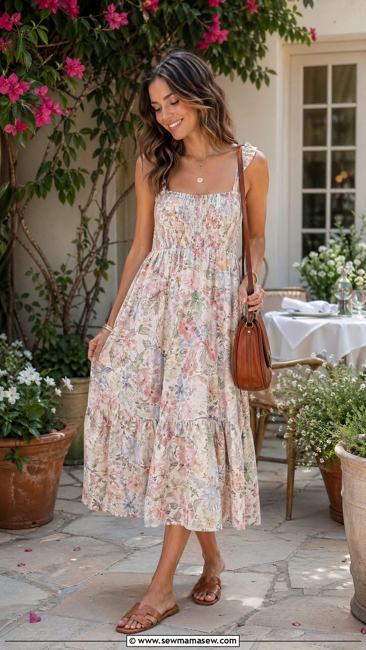 Floral midi dress with flat sandals outfit - 35 summer comfy outfit ideas