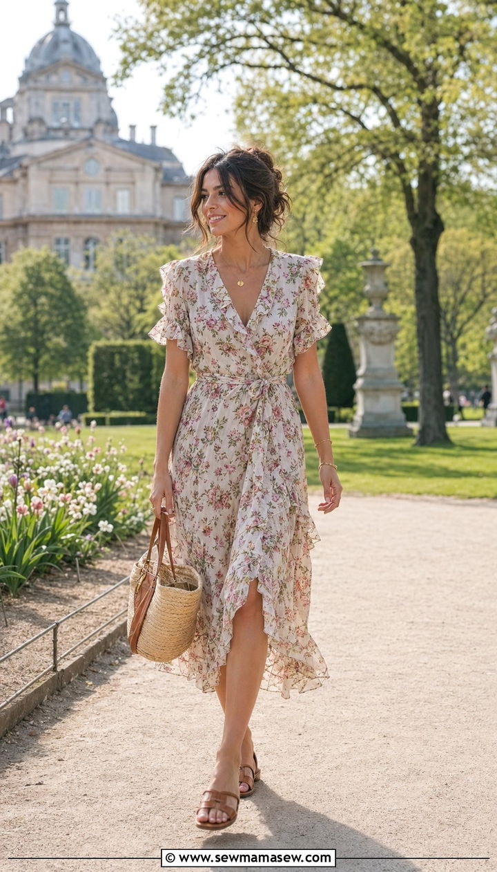 Floral midi dress with flat sandals - 35 Paris spring outfit ideas
