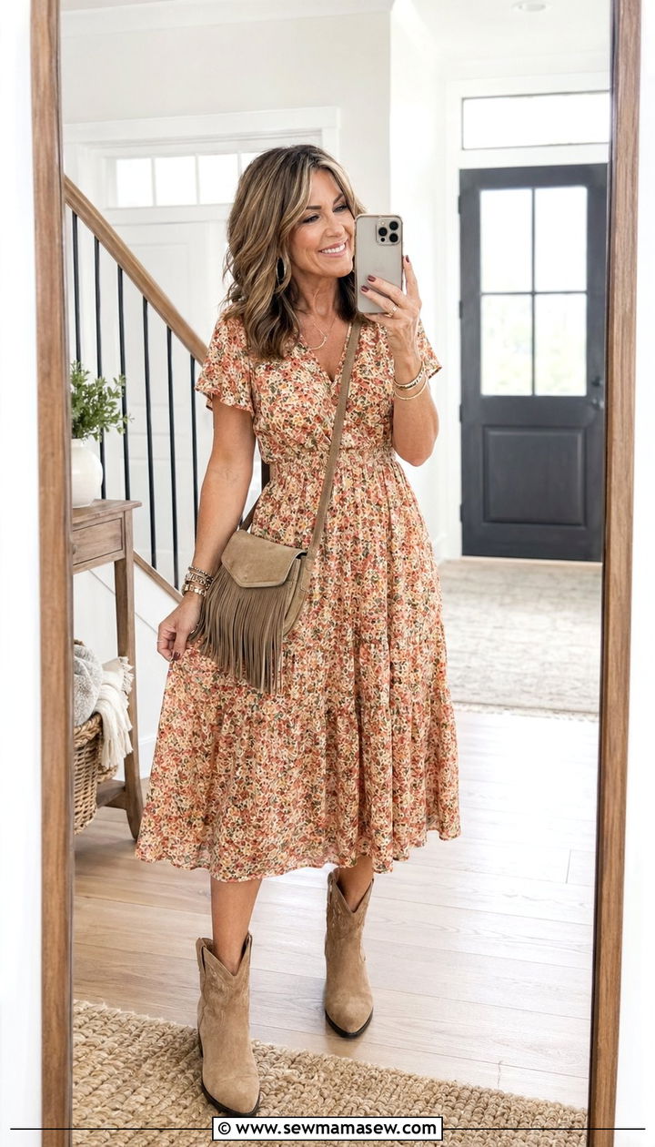 Floral midi dress with fringe crossbody bag and cowboy booties - 30 Western outfit ideas for women over 40
