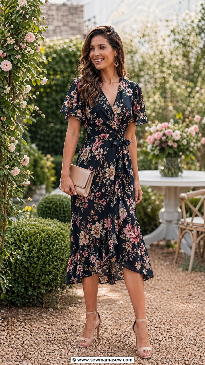 Floral midi dress with heeled sandals - 35 classy outfit ideas for women