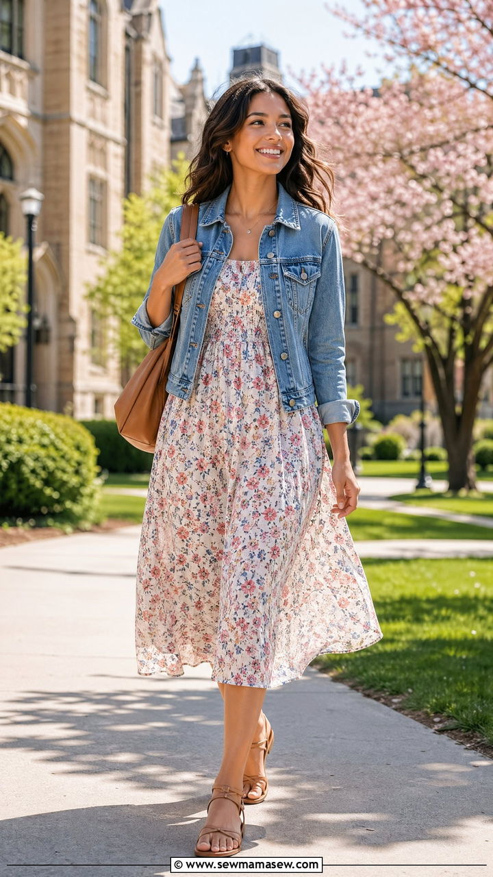 Floral midi dress with jean jacket and flat sandals - 35 spring teacher outfit ideas