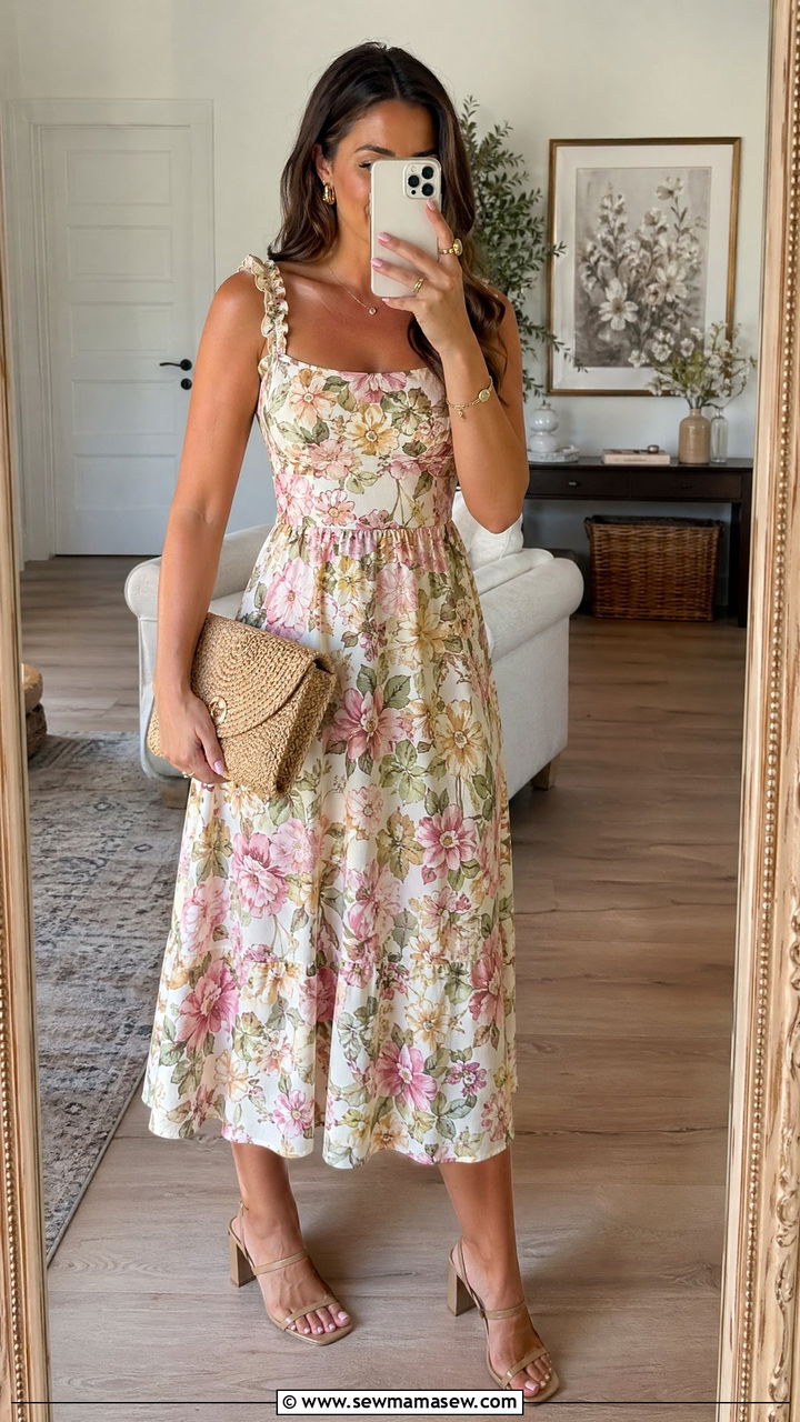 Floral midi dress with neutral accessories - 35 summer bridal shower outfit ideas