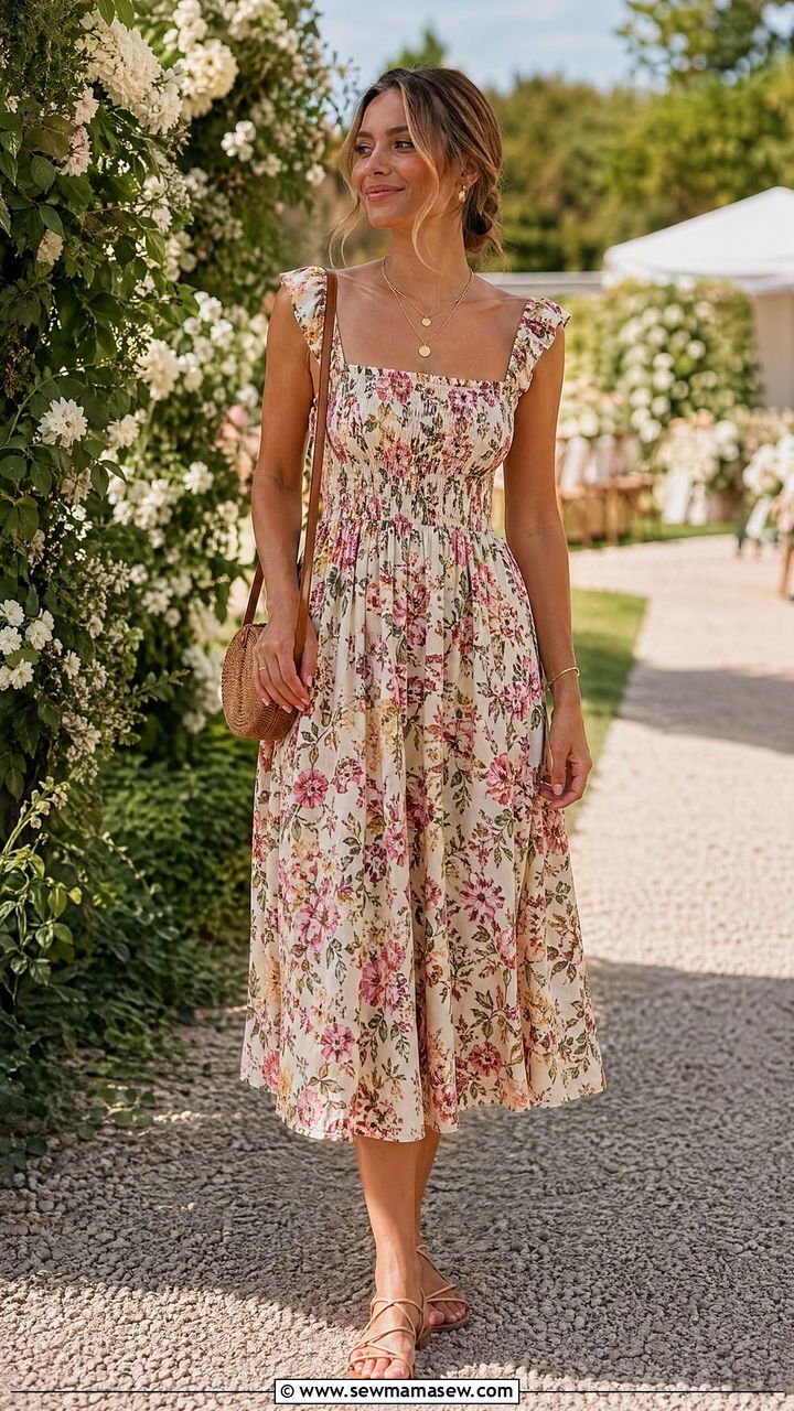 Floral midi dress with strappy sandals - 35 Casual wedding guest outfit ideas