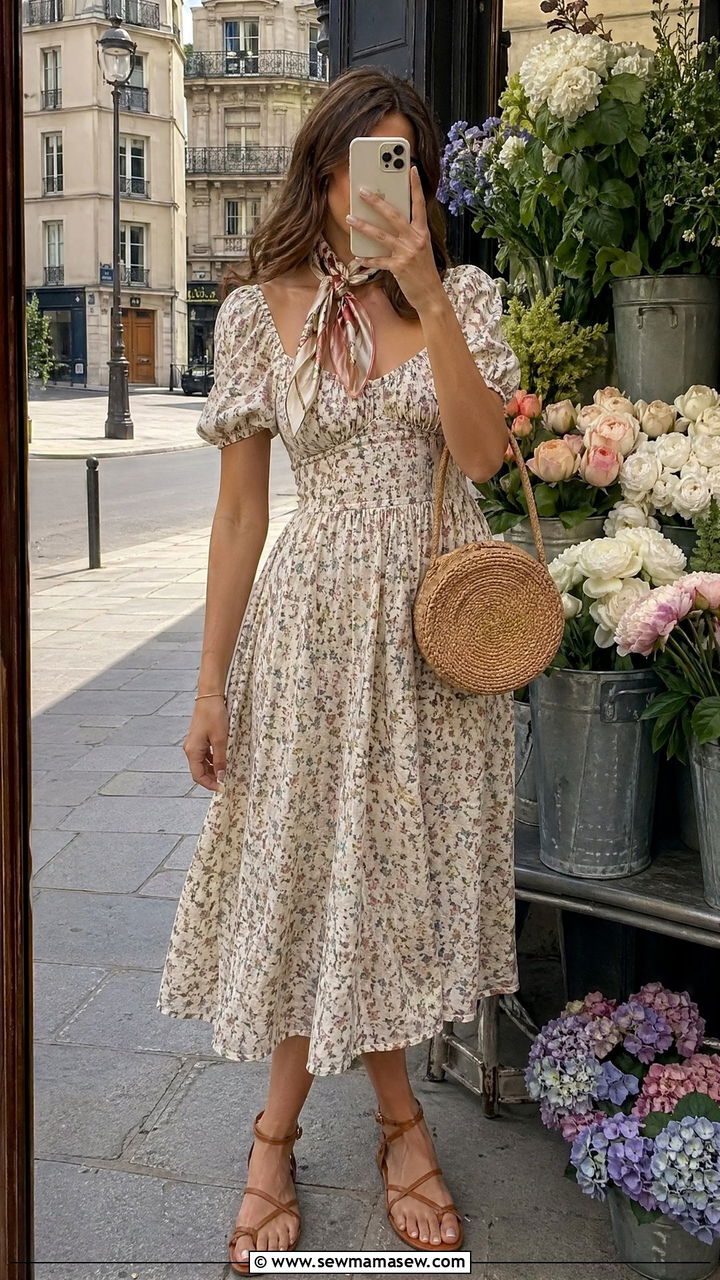 Floral midi dress with strappy sandals - 35 Summer Paris outfit ideas