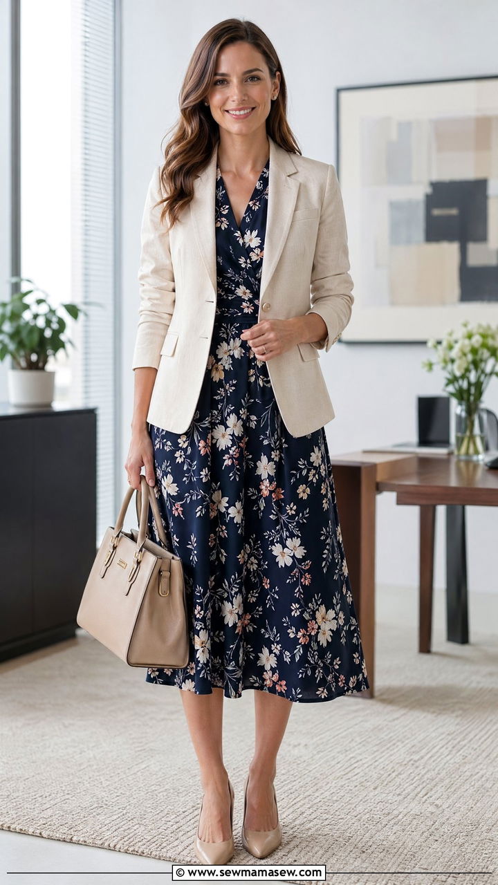 Floral midi dress with structured blazer summer work outfit - 35 Summer work outfits