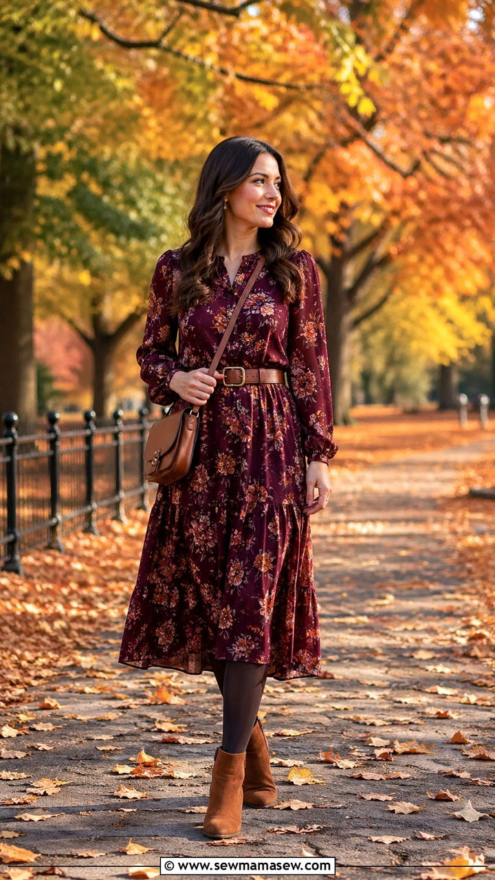 Floral midi dress with suede ankle boots outfit - 30 romantic capsule wardrobe outfits