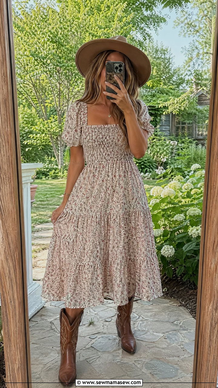 Floral midi dress with tall cowboy boots - 35 Country outfit ideas