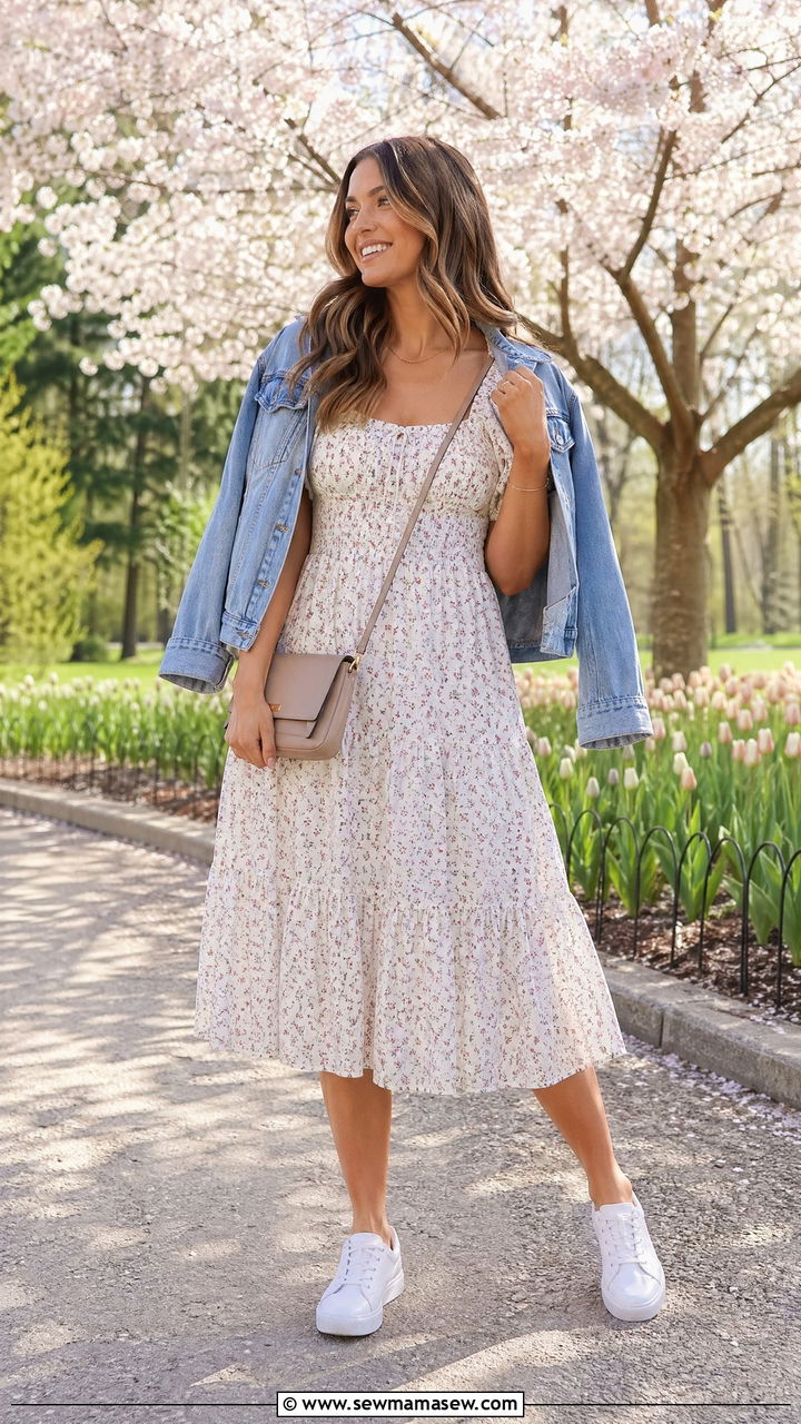 Floral midi dress with white sneakers - 35 spring simple outfit ideas