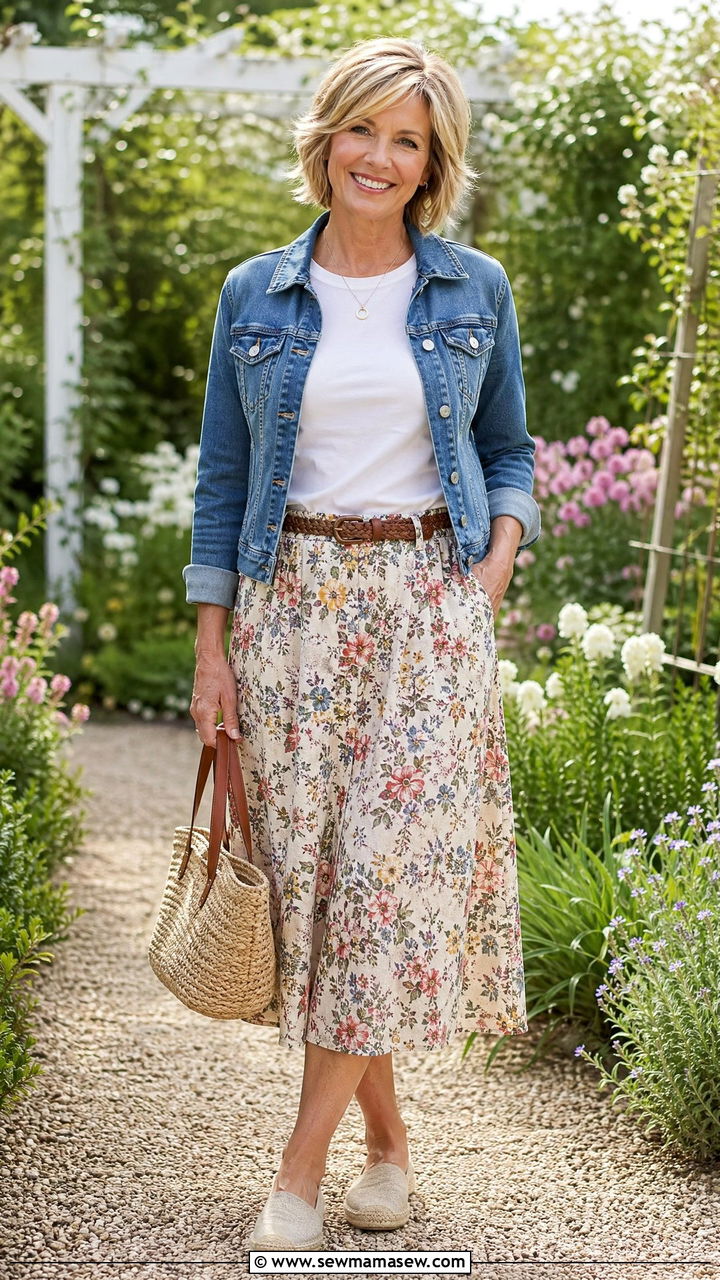 Floral midi skirt and a tucked in tee - 35 Casual outfits for women over 40
