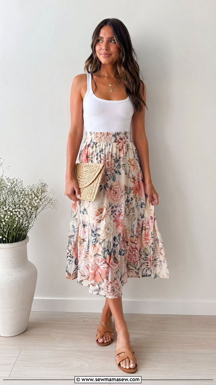Floral midi skirt and white tank top outfit - 35 Summer outfit ideas for mom