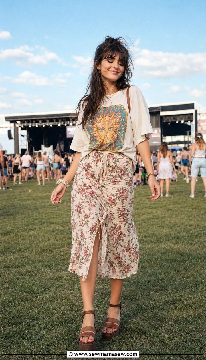 Floral midi skirt with oversized graphic tee - 30 90s summer outfits