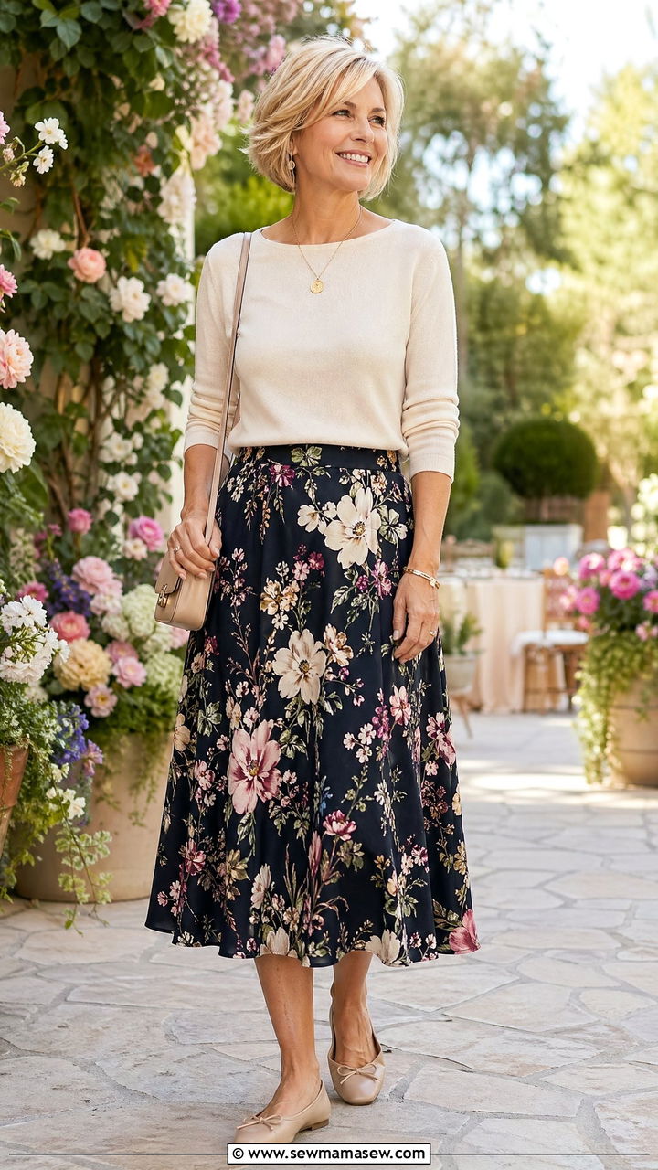 Floral midi skirt with solid knit top - 35 Skirt outfit ideas for women over 50