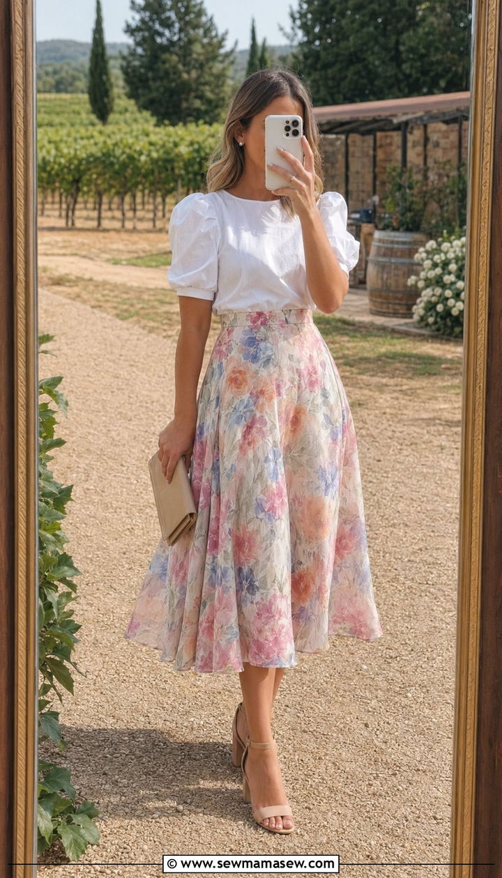 Floral midi skirt with white blouse - 30 Wedding guest outfits with skirts