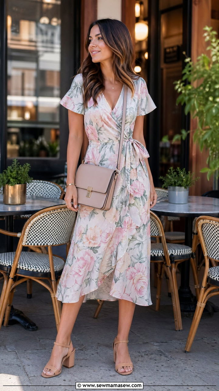 Floral midi wrap dress for work - 35 Spring outfits for working moms