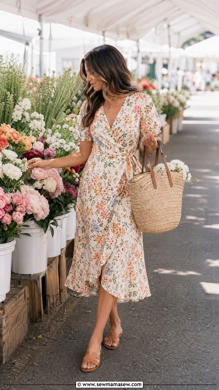 Floral midi wrap dress with a woven tote and flat sandals spring farmers market outfit - 35 spring farmers market outfit ideas