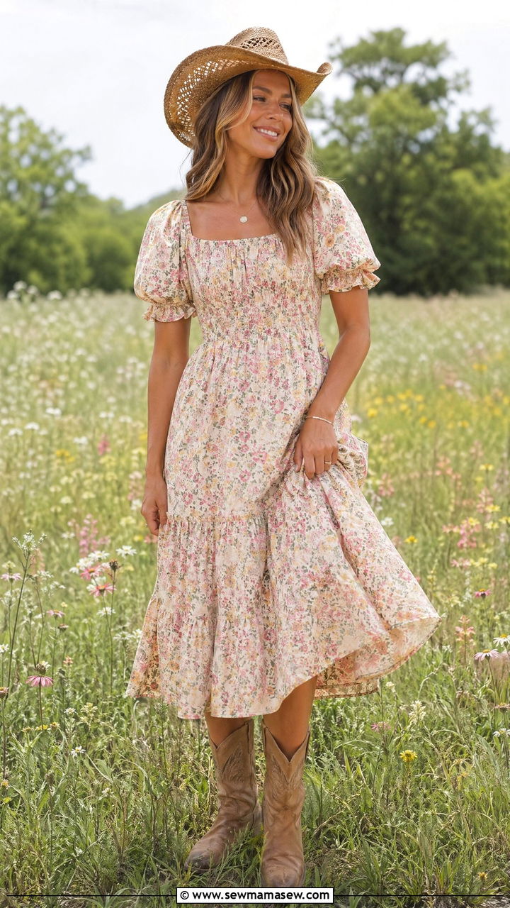 Floral prairie dress with cowboy boots - 35 Western spring outfits