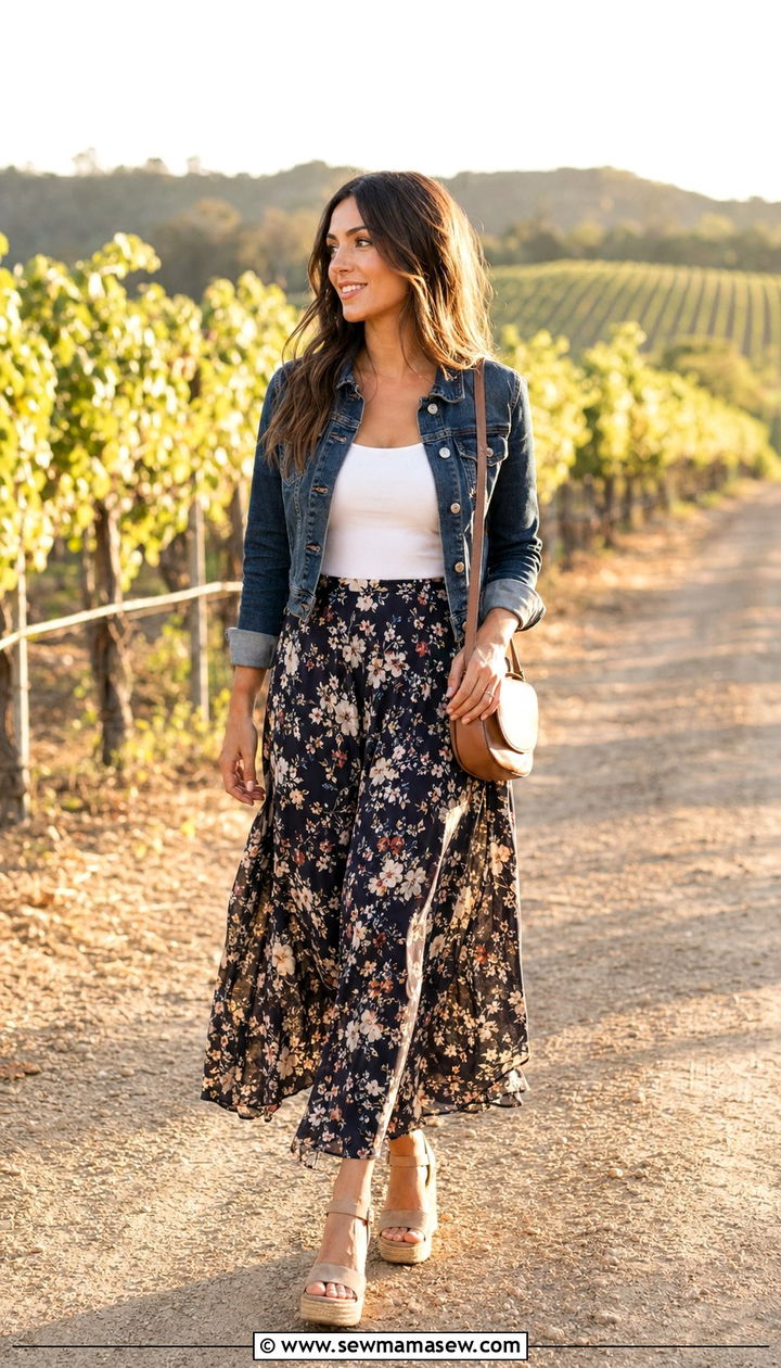 Floral print maxi skirt with cropped denim jacket - 30 Wedding guest outfits with skirts