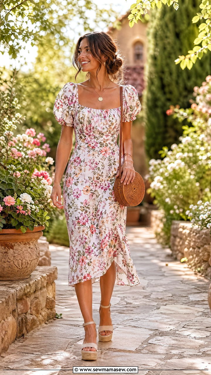 Floral puff sleeve midi dress with platform espadrilles wedding guest outfit - 35 Spring 2026 wedding guest outfit ideas