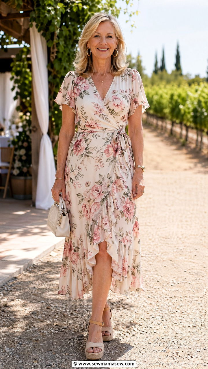 Floral wrap dress for wedding guest over 60 - 35 Wedding guest outfits for women over 60