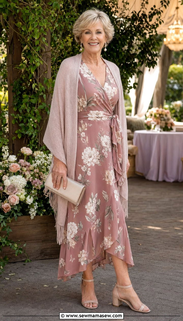 Floral wrap dress for wedding guest - 35 Outfit ideas for women over 60