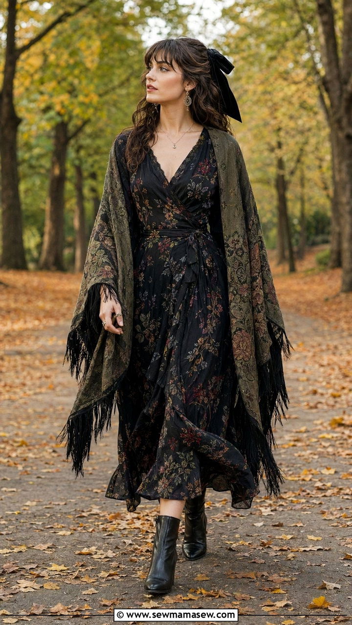 Floral wrap dress with ankle boots and a fringed shawl - 30 Whimsigoth outfit ideas