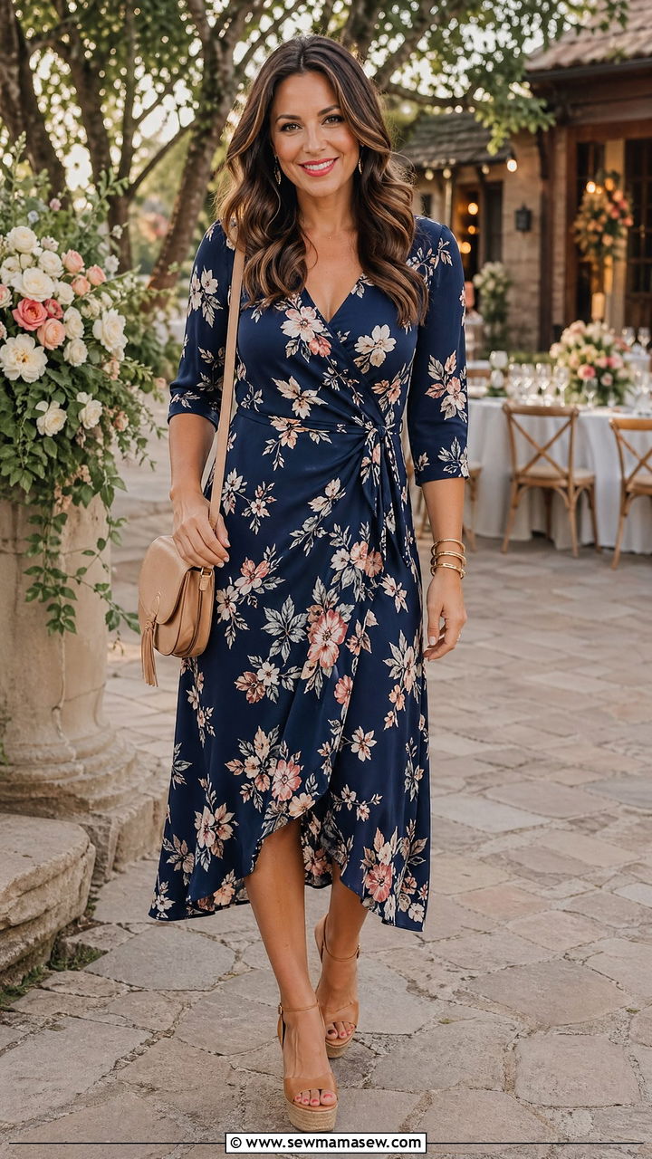 Floral wrap dress with wedge sandals outfit - 35 summer outfits for women over 30