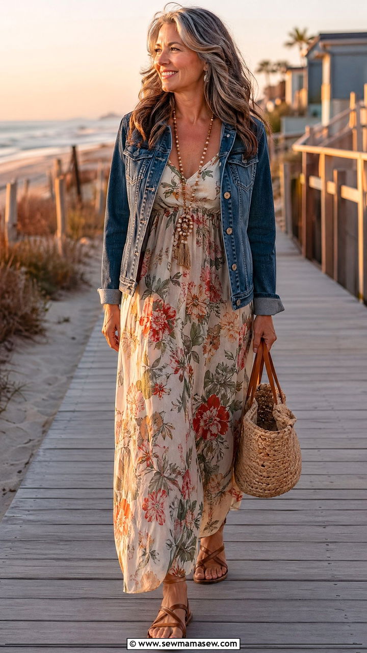 Flowing Maxi Dress With Denim Jacket And Flat Sandals - 35 Classy outfits for women over 50