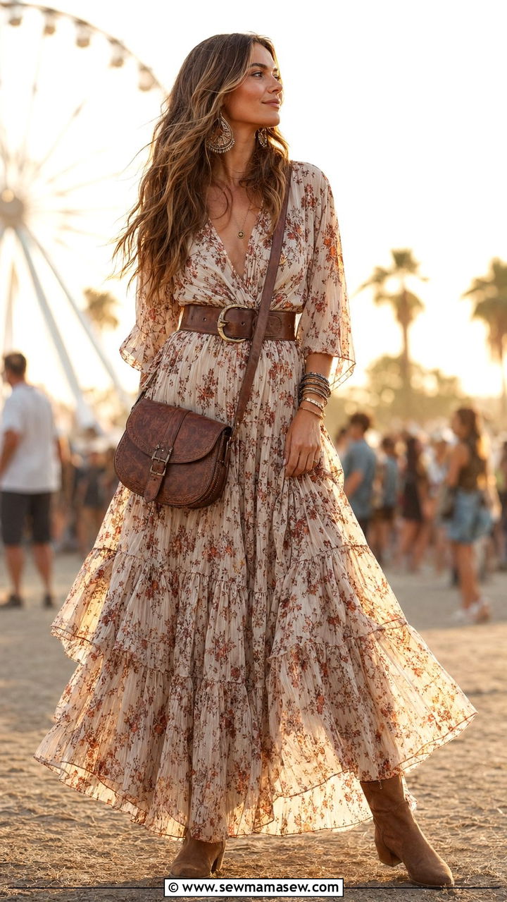 Flowing Maxi Dress with Western Belt - 30 Weekend music festival outfit ideas
