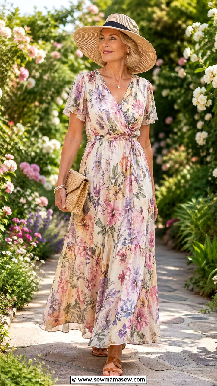 Flowing floral maxi dress with flat sandals - 30 Sophisticated outfit ideas for women over 50
