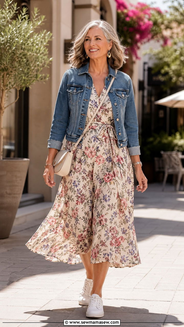 Flowing midi dress with a denim jacket - 35 Work outfits for women over 50