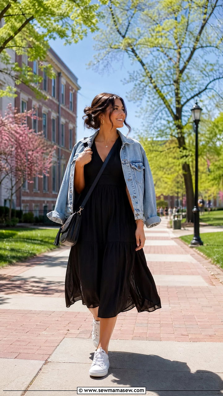Flowy Black Dress With Classic Sneakers - 35 spring school outfit ideas