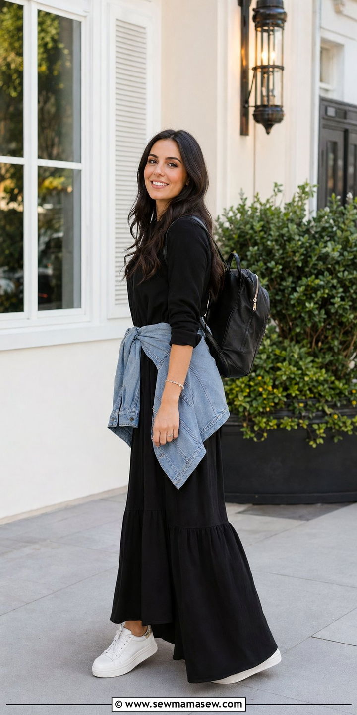 Flowy Black Maxi Dress With Sneakers - 30 Back to school outfit ideas modest 2026