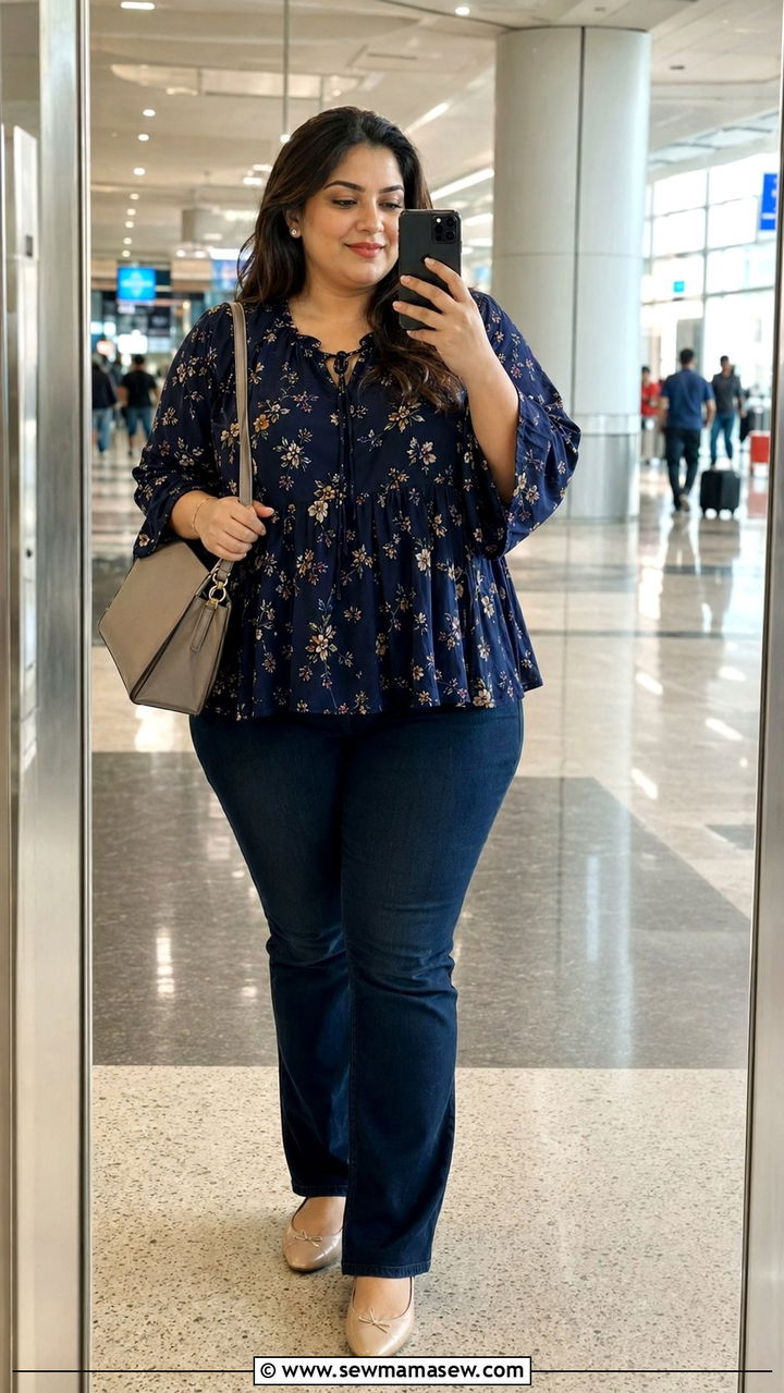 Flowy Blouse With Dark Wash Stretch Jeans - 30 Airport outfits plus size