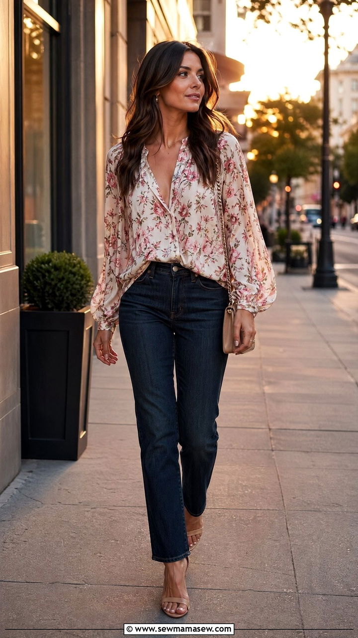 Flowy Blouse with Straight Leg Jeans and Heels - 35 straight leg jeans outfit ideas for women