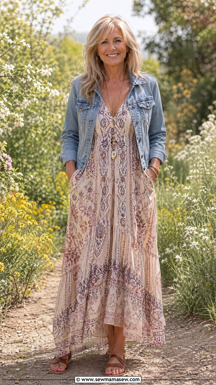 Flowy Boho Maxi Dress with Flat Sandals and Denim Jacket - 35 What to wear in spring for women over 50