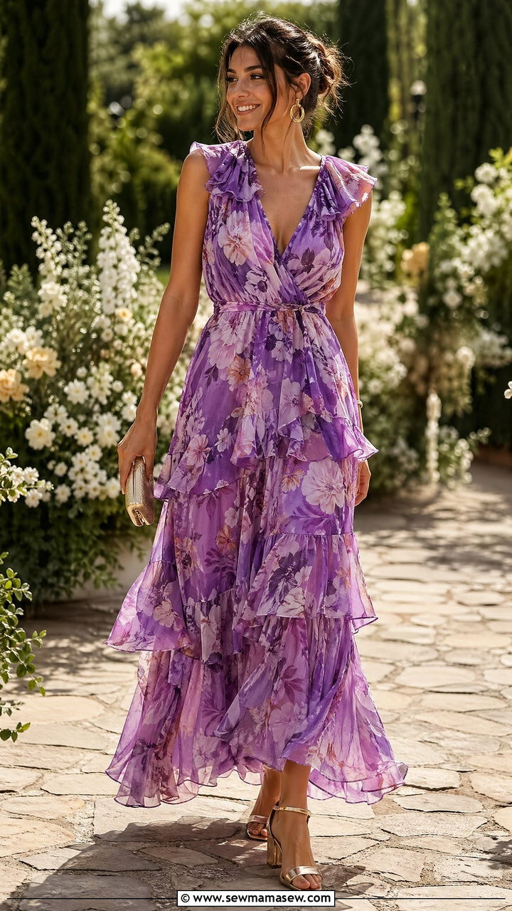 Flowy Chiffon Dress with Purple Floral Print Wedding - 35 cute summer wedding guest outfits