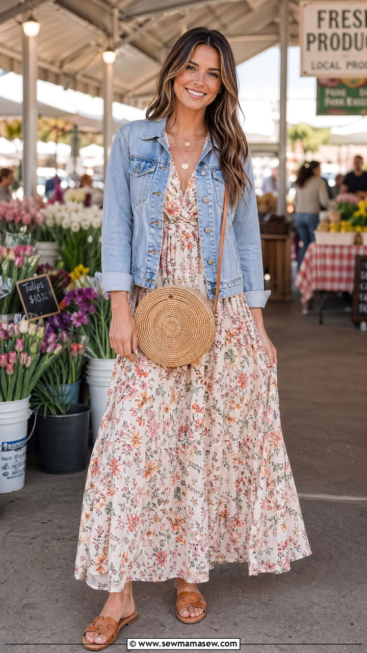 Flowy Floral Maxi Dress With Denim Jacket Spring Boho - 35 spring boho outfit ideas