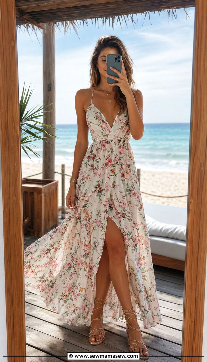 Flowy Floral Maxi Dress With Strappy Sandals - 30 beach vacation outfits aesthetic