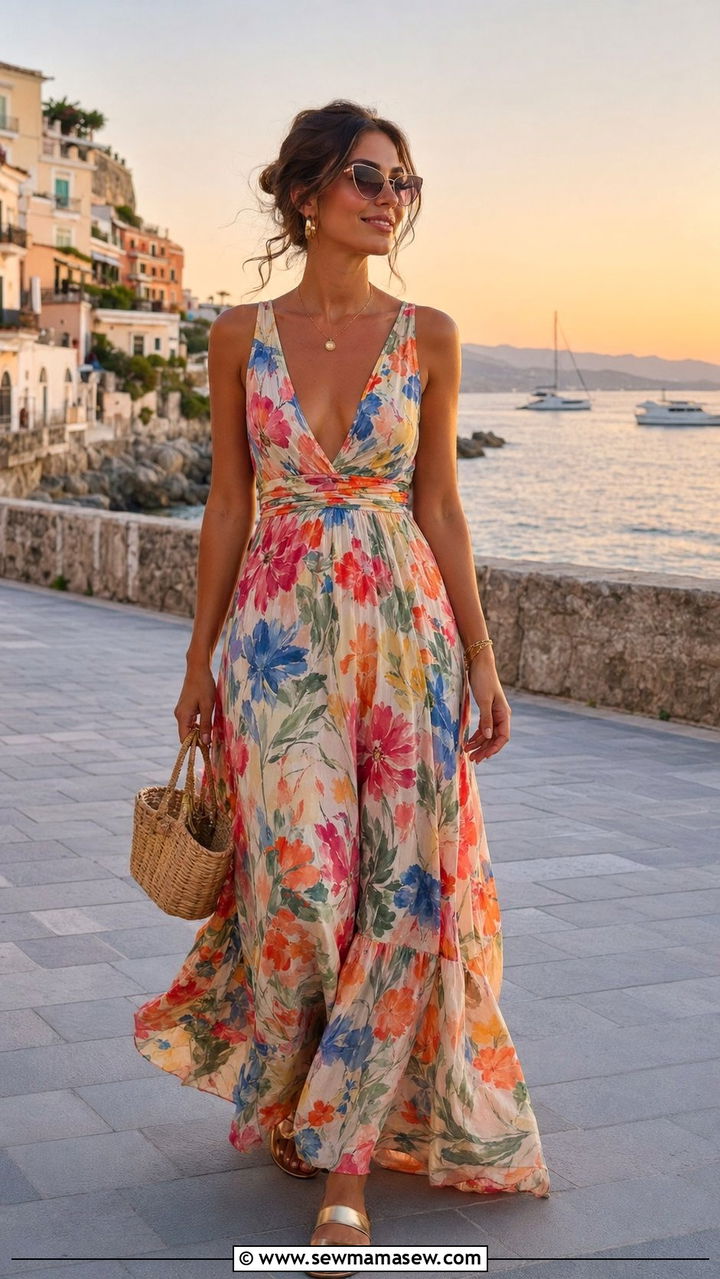 Flowy Floral Maxi Dress with Flat Sandals - 35 resort vacation outfit ideas for women
